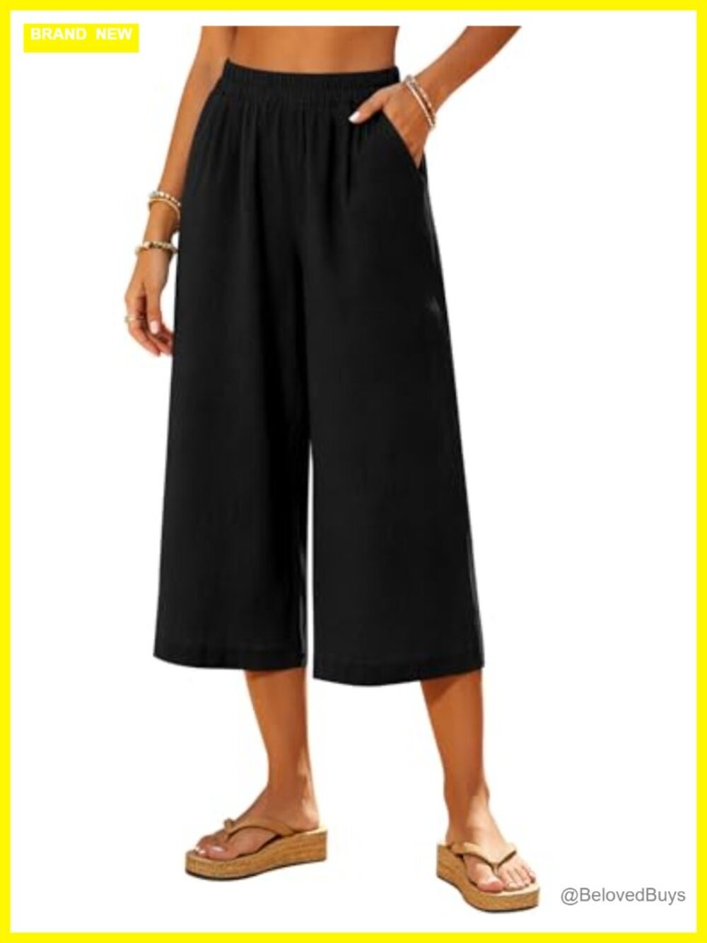 LOMON Womens Wide Leg Capri Linen Pants Cropped Summer Lounge Travel